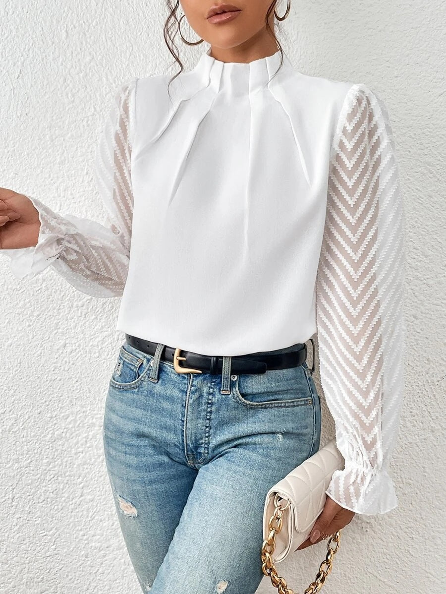2025 popular Popular, , New women's clothing autumn and winter new semi-turtleneck splicing wavy chiffon long-sleeved top