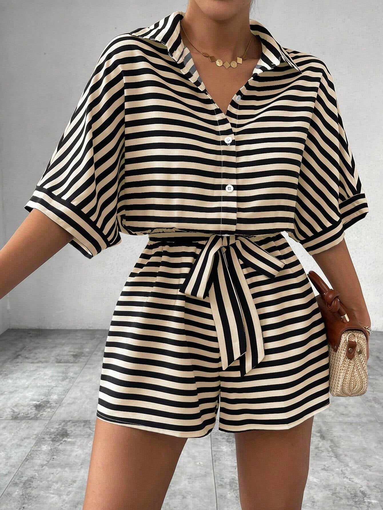 2025 spring and summer Popular trade New striped lapel cardigan button medium sleeve belt shorts set onesie women
