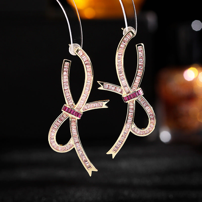 2025 elegance temperament light luxury high-end earrings niche design super fairy temperament zircon bow streamer earrings