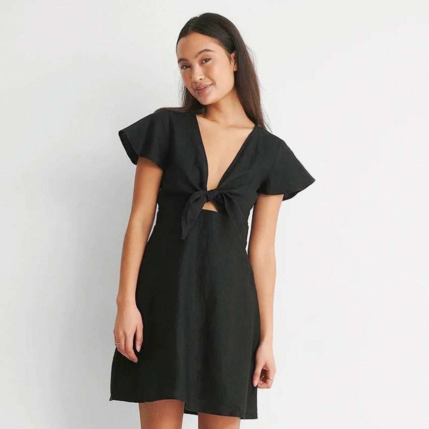 2025 summer new Feifei sleeve cotton and linen commuter dress bow V-neck hollow slim-fitting waist A-shaped skirt women