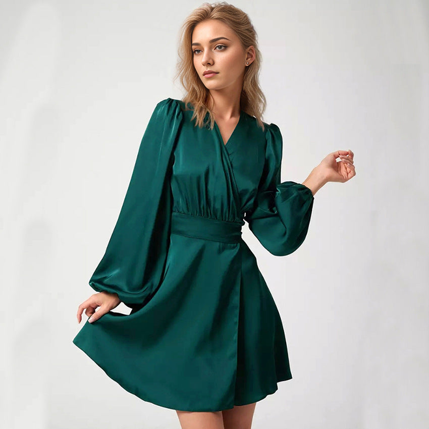 2025 Spring satin V-neck lantern sleeve high waist lace-up dress popularwildberries hot sale new short skirt women