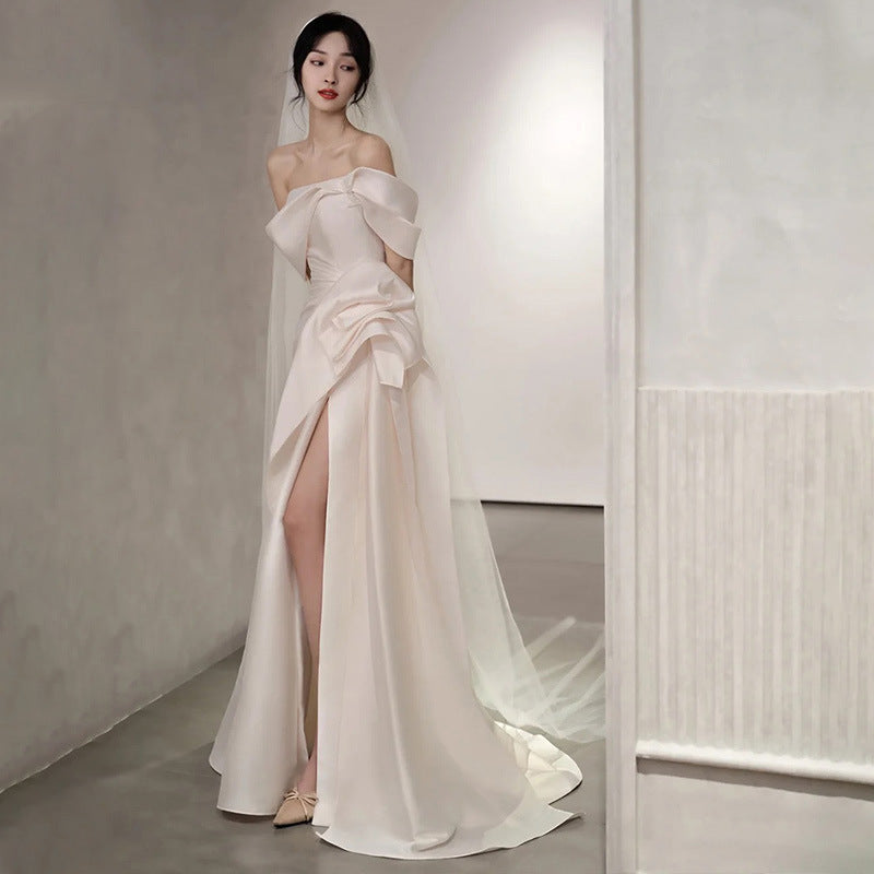 jinran off shoulder off-Shoulder Light Wedding Dress 2024 Summer New Bridal Satin French Simple Elegant Travel Tail Dress