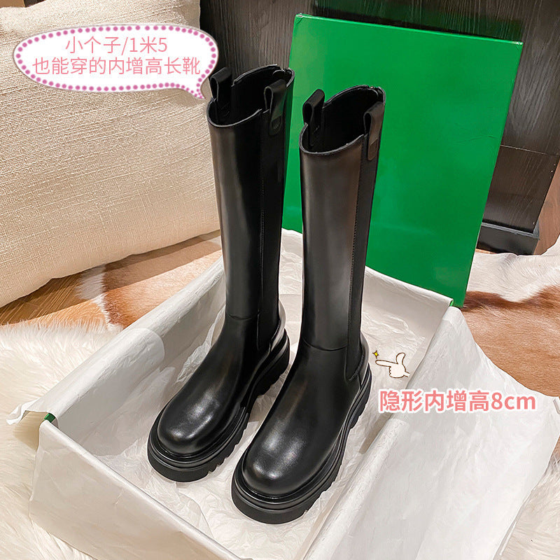 2025 Cowhide version~ New inner height-increasing chimney knight boots women's warm and velvet elastic thick-soled knee-length boots
