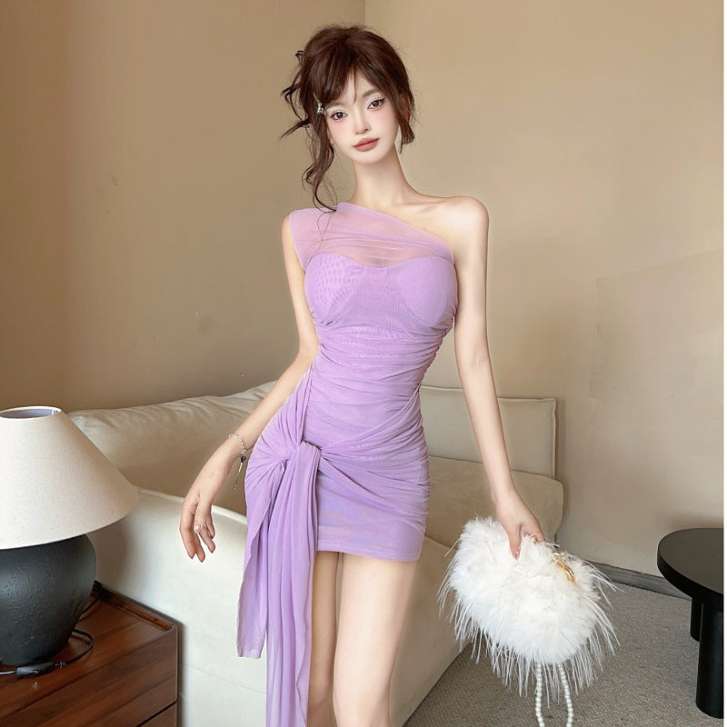 2025 new sexy Spice Girl slanted shoulder mesh stitching one-word shoulder tube top dress skirt slim and thin hip-wrapped short skirt