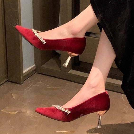 2025 Sheepskin version~ New sparkling rhinestone silk temperament small pointed tip thin heel shallow mouth wedding shoes high heels women's shoes
