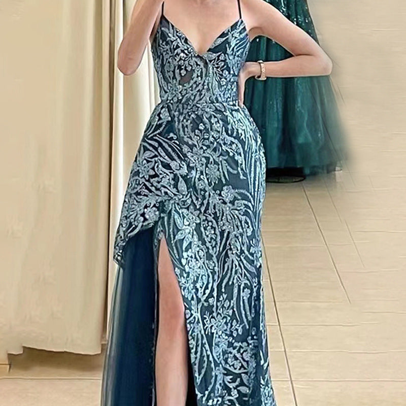 2025 New 2025 new three-dimensional positioning flower dress long banquet temperament slim and thin evening dress