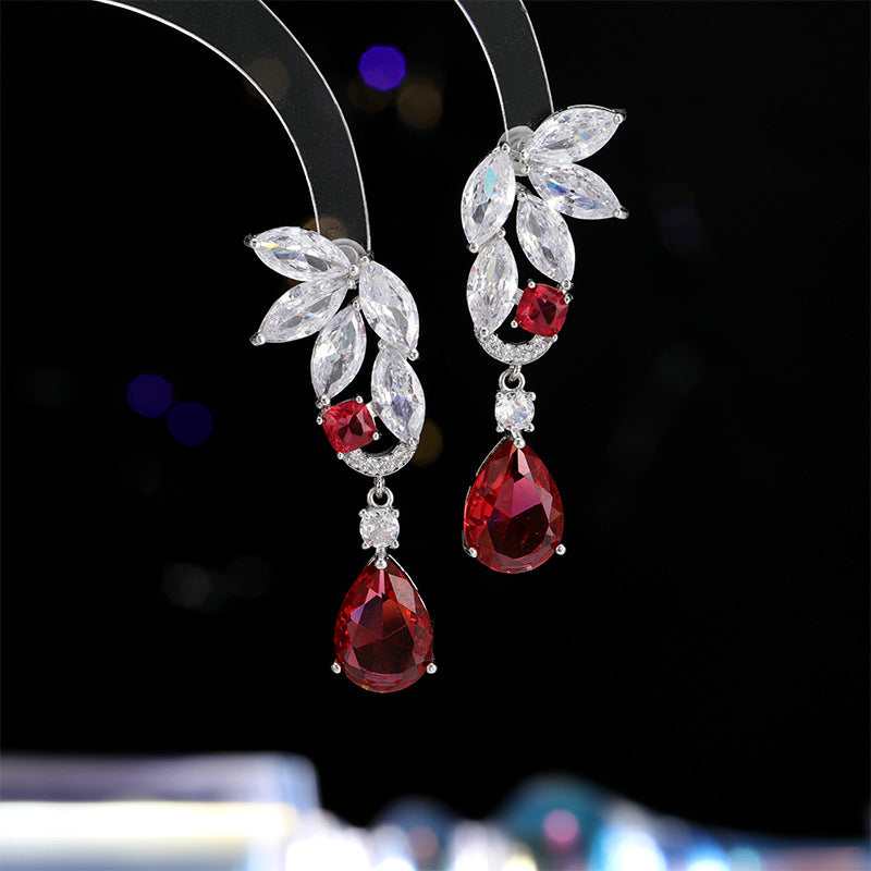 2025 Korean version of exquisite design sense luxury long colored treasure earrings water drop zircon temperament earrings dress dinner accessories