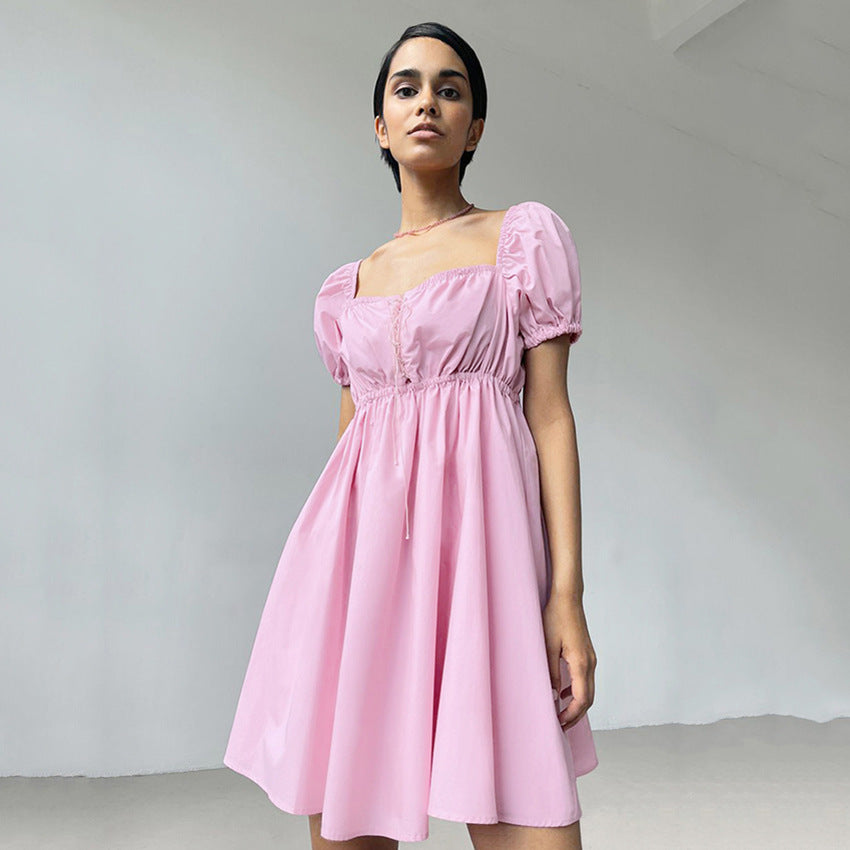 2025 summer short-sleeved short skirt women's collar hollow bow temperament pure cotton bubble sleeve dress women's clothing