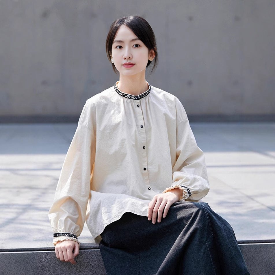 2025 Pistachio white shirt spring women's stand-up collar retro versatile embroidered long-sleeved women's shirt loose and casual inside B1036