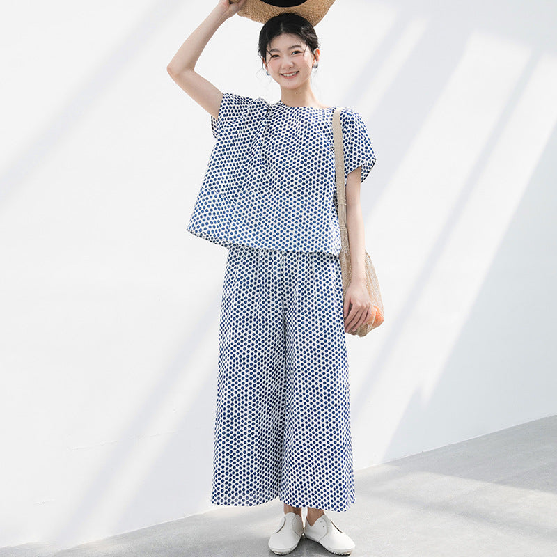2025 popular cotton printing salt shrinkage white background blue dot summer thin top A0540 pants A0541 set casual