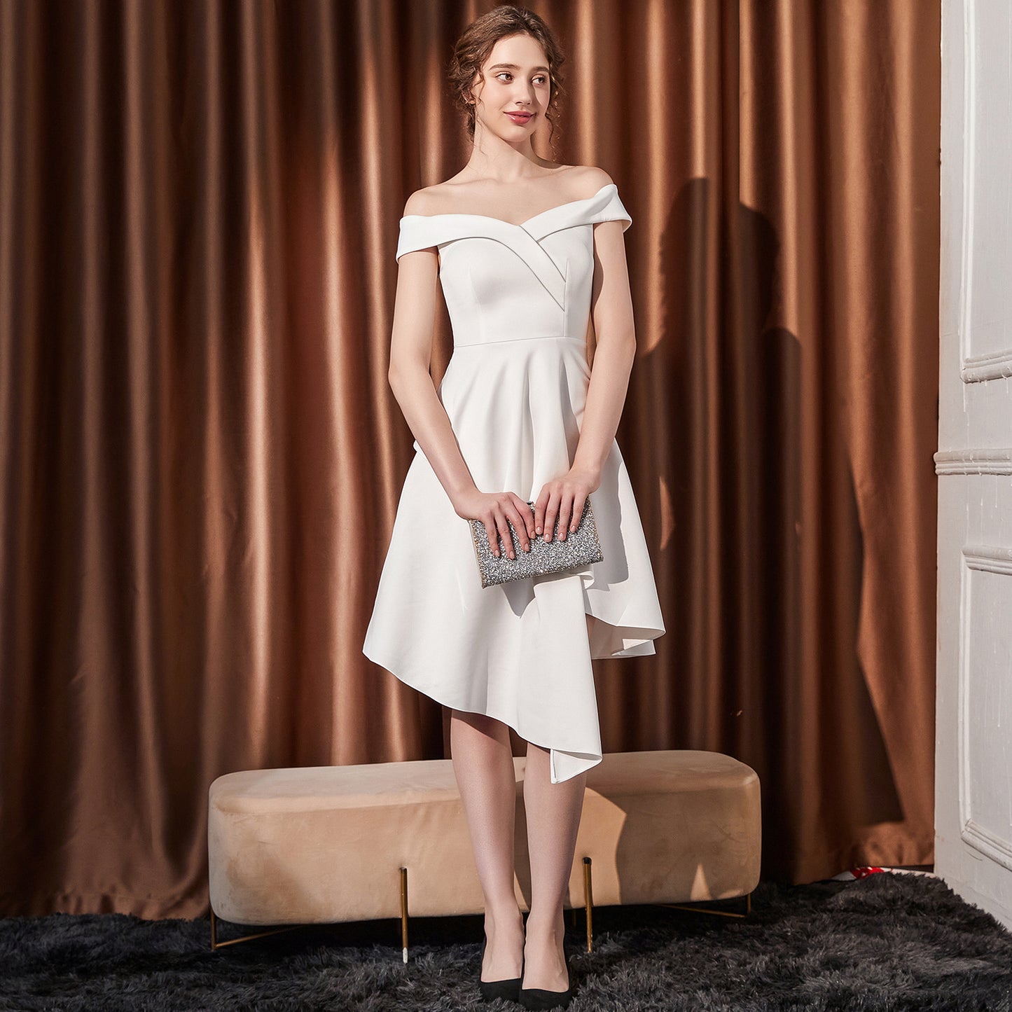 2025 Evening dress female small one-word shoulder medium and long thin company annual meeting host irregular hem dress