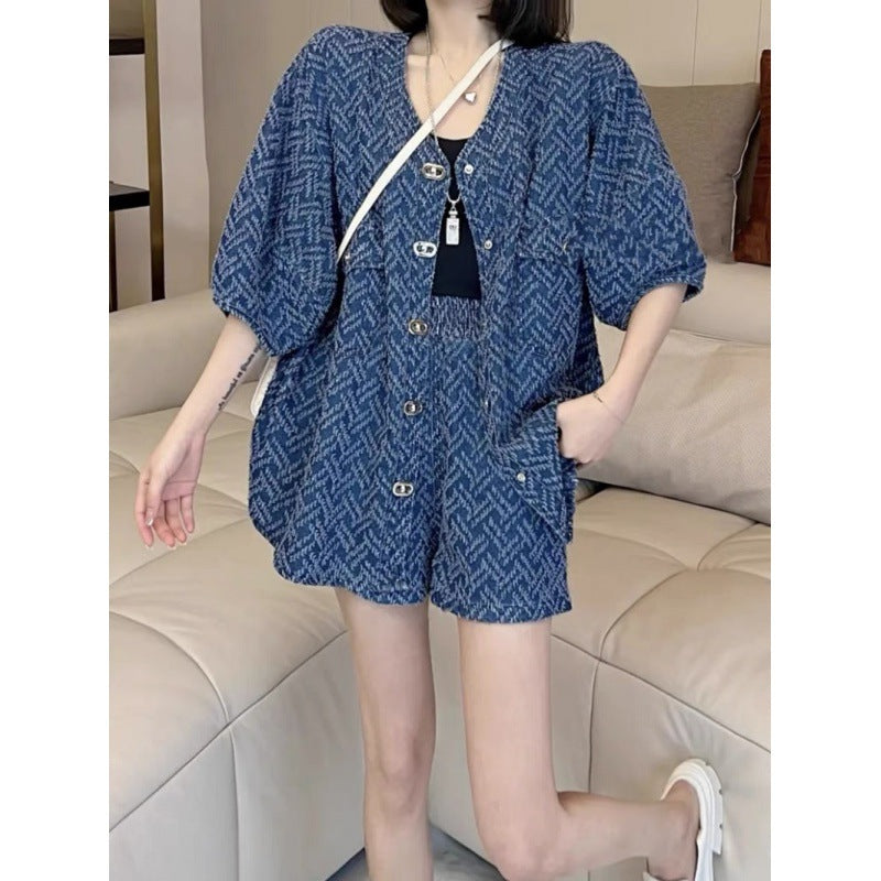 2025 spring and summer new women's clothing temperament design sense denim suit female fat Tibetan meat thin summer loose two-piece set