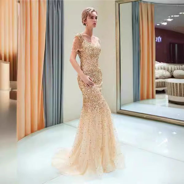 2025 2025 Popular trade new women's clothing slim-fitting fishtail skirt ebay sexy shoulder sleeve V-neck dress sprinkled gold dress
