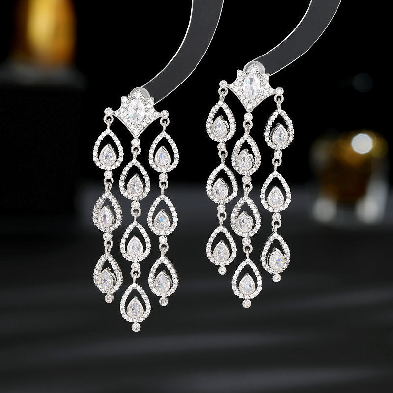 2025 Light luxury high-end water drop zircon fringed earrings femininity elegant bridal banquet dress versatile fashion earrings