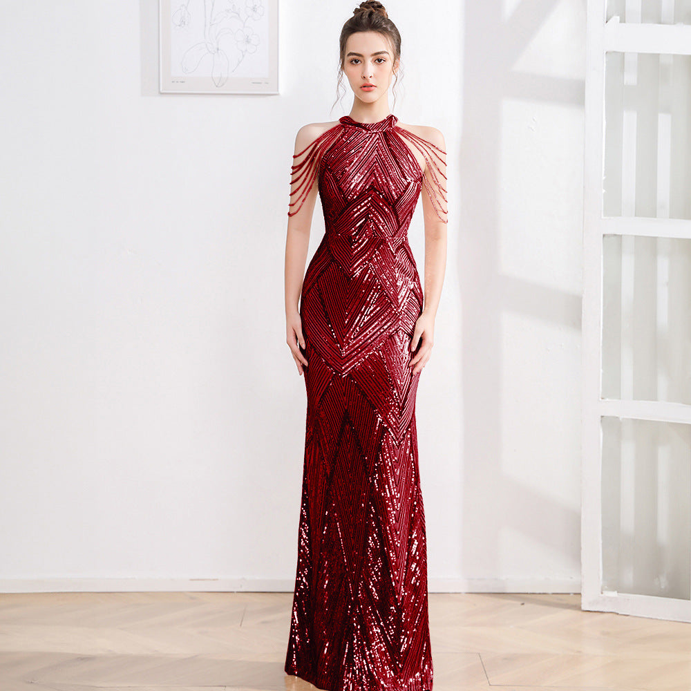 2025 High-end evening dress dress female fishtail champagne high-end texture celebrity fairy banquet temperament light luxury niche host
