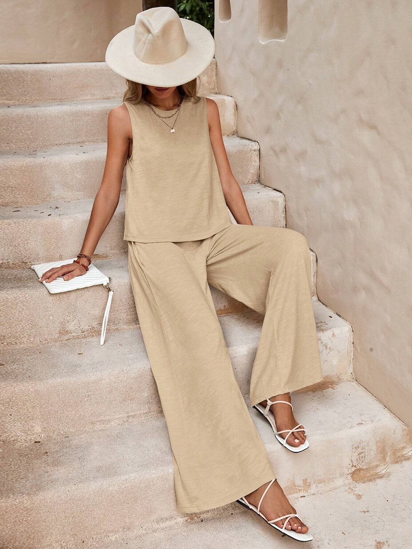 2025 summer new two-piece set women's trend versatile loose pullover round neck casual cotton set women
