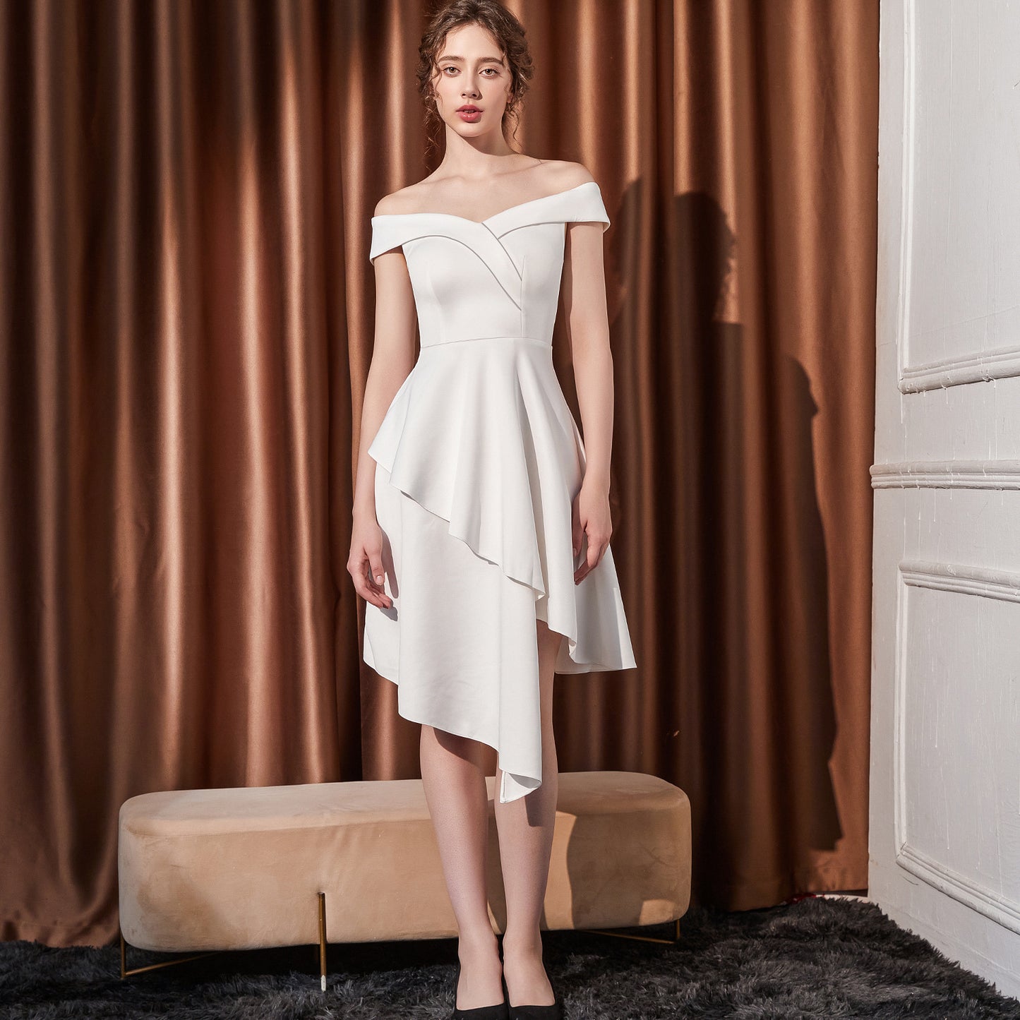 2025 Evening dress female small one-word shoulder medium and long thin company annual meeting host irregular hem dress