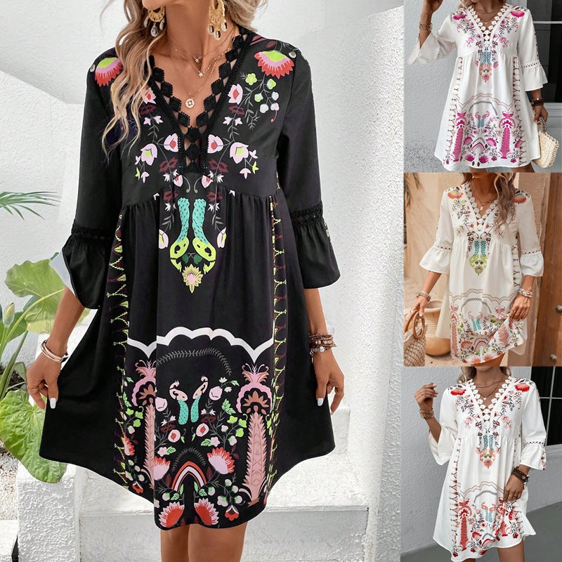 2025 Popular, , New women's clothing, summer new V-neck lace splicing casual versatile printed dress