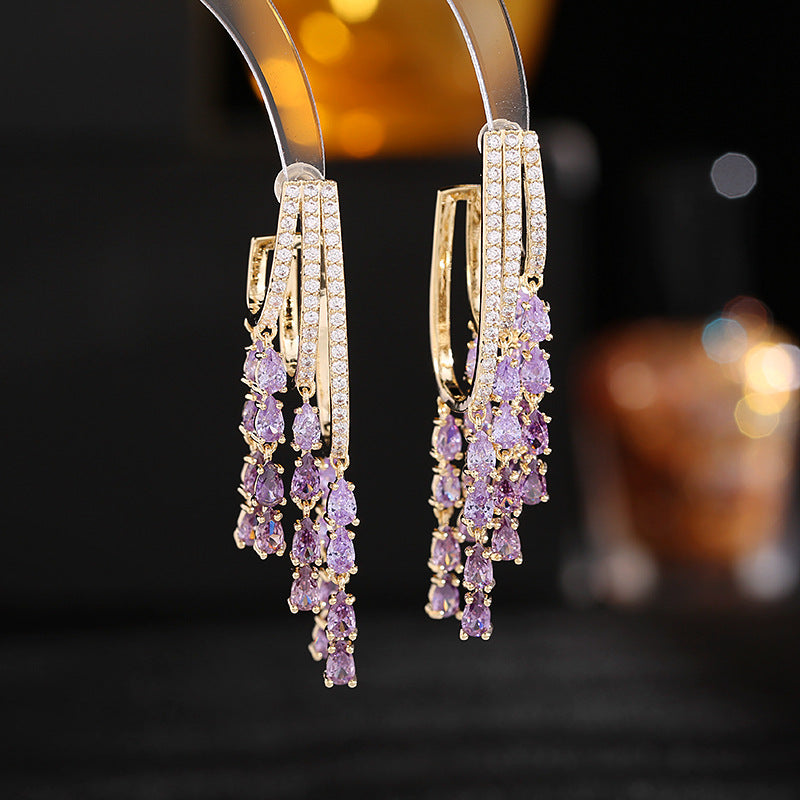 2025 S925 silver needle zircon inlaid dinner dress wedding bride earrings trendy light luxury premium feeling water drop fringed earrings