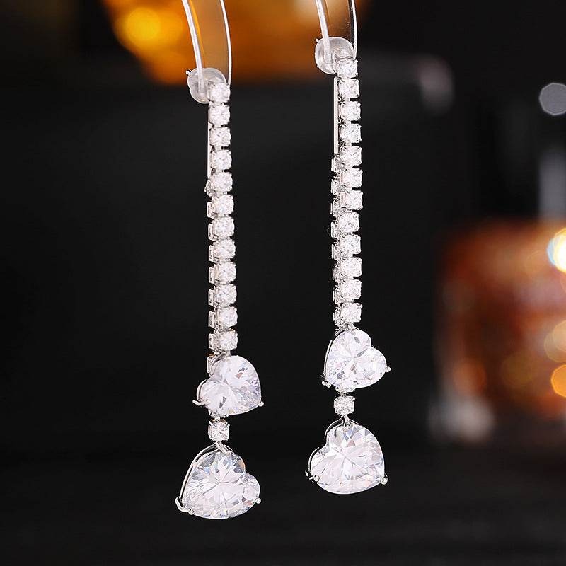 2025 S925 silver needle zircon inlaid earrings niche design love-shaped earrings removable two long fringed earrings