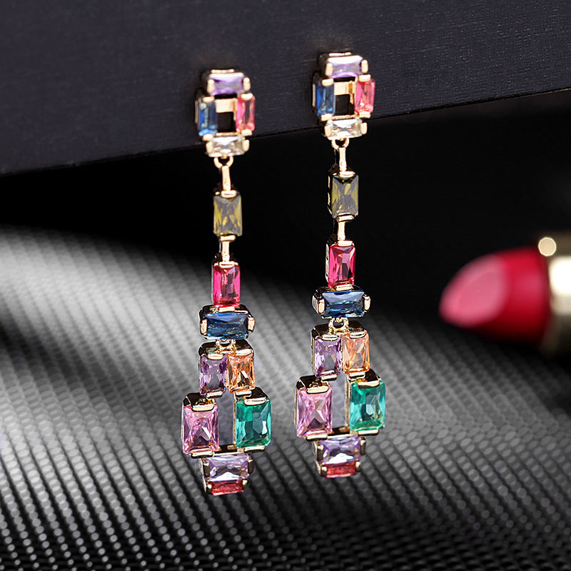 2025 Korean design sense contrasting gemstone crystal long S925 silver needle earrings women's micro-inlaid colored zircon geometric earrings