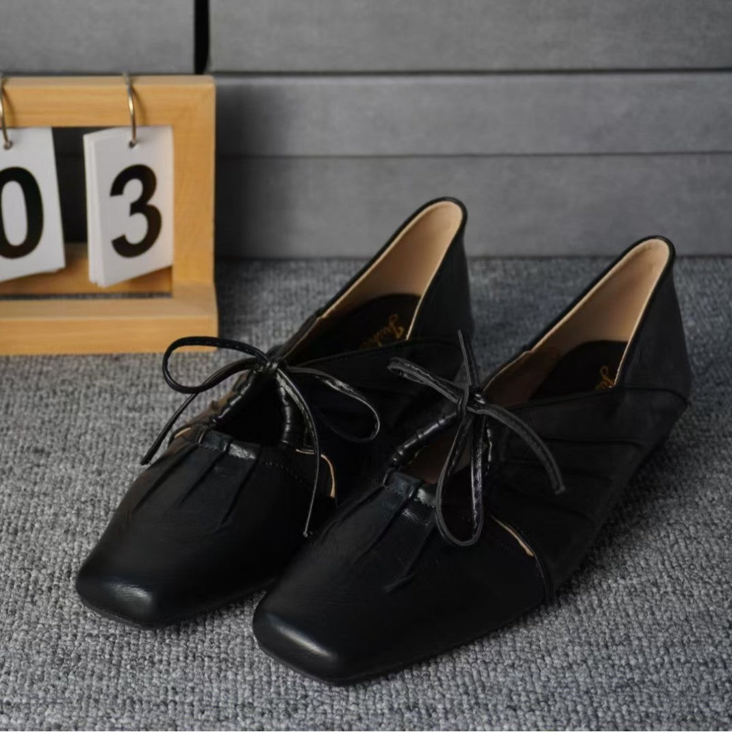 2025 Sheepskin version~ niche design pleated hollow square head Mary Jane shoes leather bow flat shoes