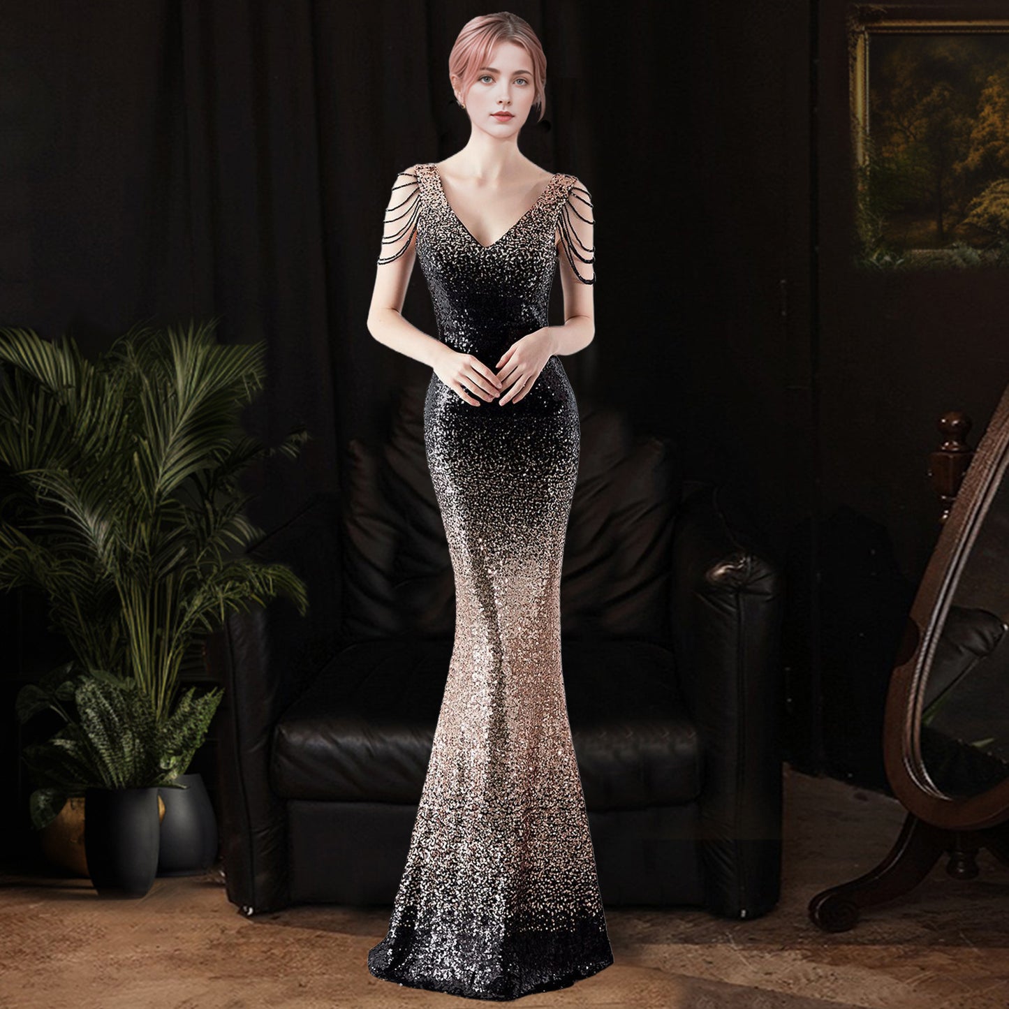 2025 Evening dress women's light luxury dinner dress temperament celebrity banquet high-end sequins fishtail long dress