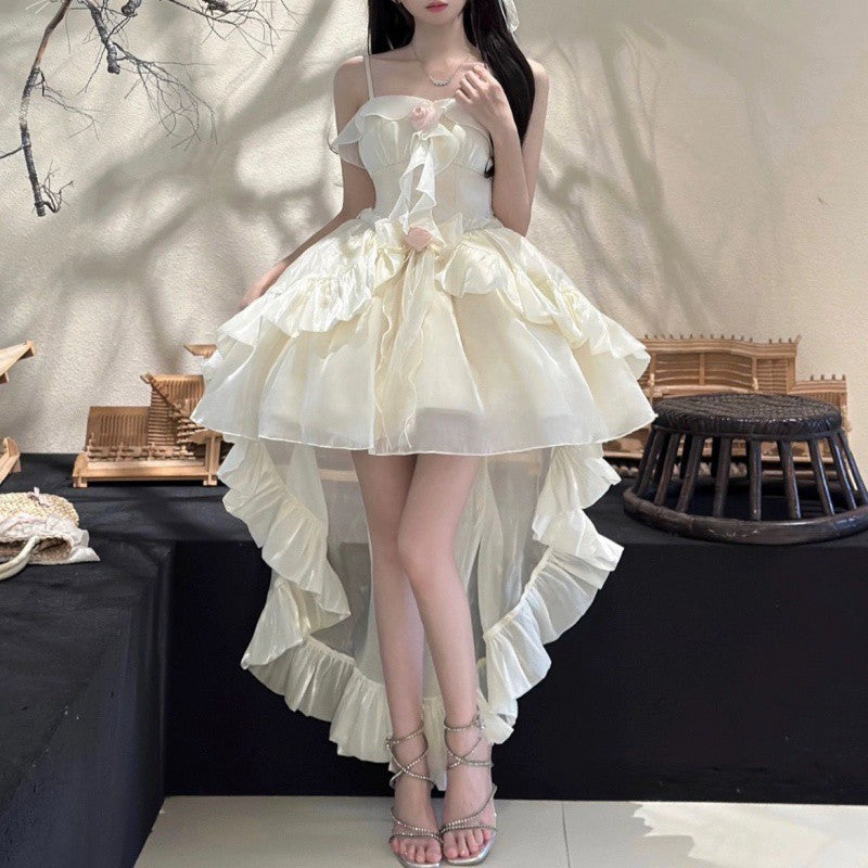 jinran dress Summer New Korean Style White Moonlight First Love Sense Niche Exquisite Waist Slimming Sling Tail Dress Short Skirt for Women