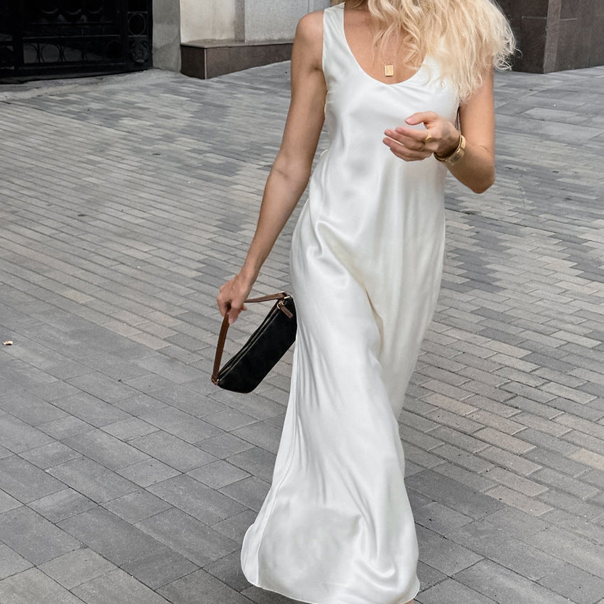 2025 White U-neck thin soft matte satin slim fishtail dress new autumn fashion Popular trade women