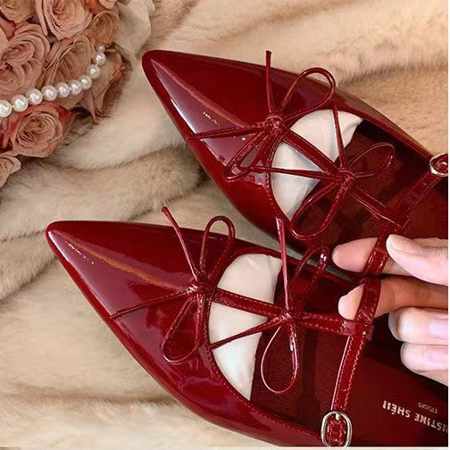 2025 Cowhide version~ Su Yinyin has the same niche pointed T-shaped double bow retro single shoes women's Mary Jane shoes