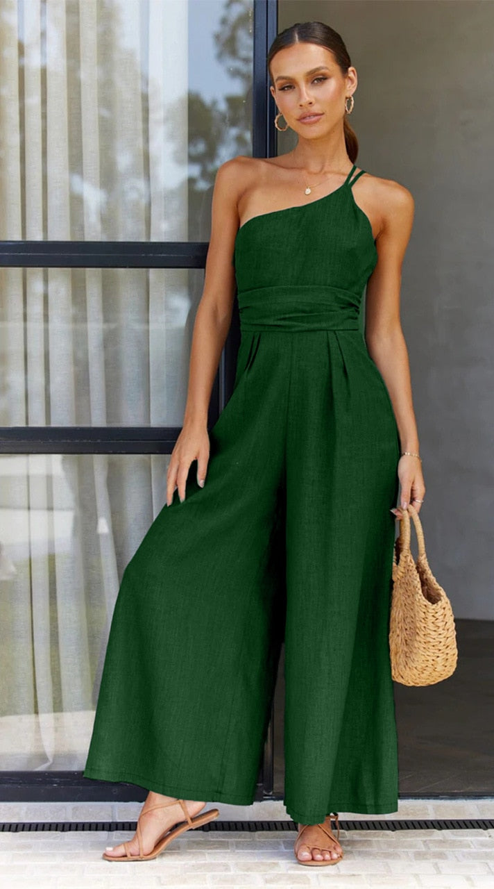 jinran Waist Folds Backless Double Strap Casual Wide Leg Jumpsuit Long Pants Green New Female Loose Jumpsuit