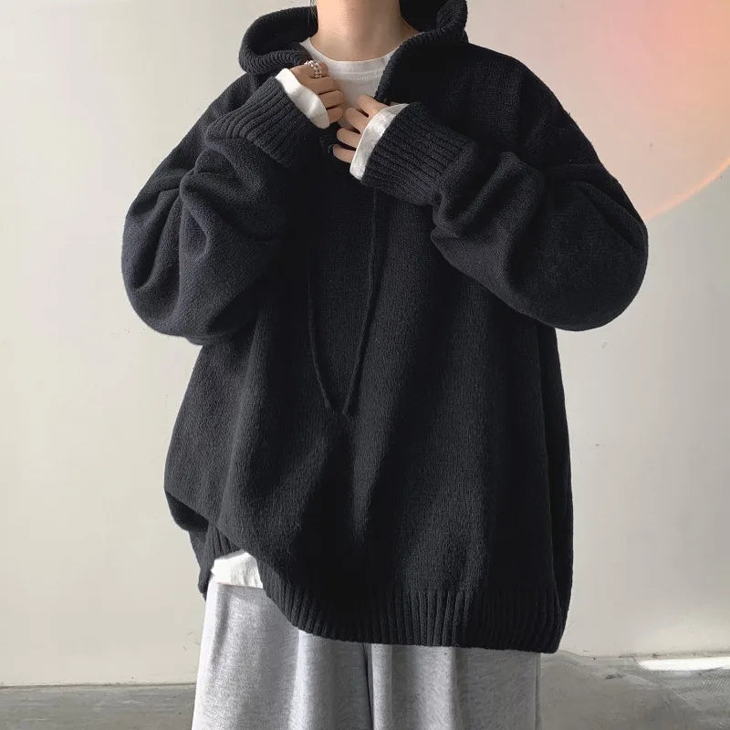 Men Pullover Hoodie Korean Style Classic Solid Color Casual Hoodies Oversized Loose Hooded Knitwear Mens Knitted Pullovers