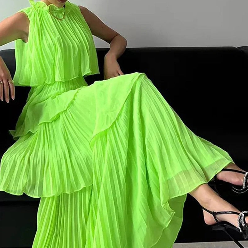 jinran Women Elegant Loose Pleated Long Party Dress Ladies Summer Sexy Sleevelss Dress Fashion High Street Cascading Ruffle Maxi Dress