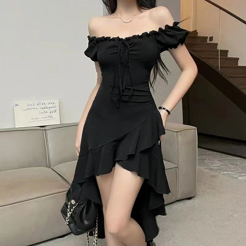 jinran Summer Black A-LINE Dress Women Streetwear Sexy Off Shoulder Short Sleeves Ruffled Mid Length Dresses Club Elegant Partywear