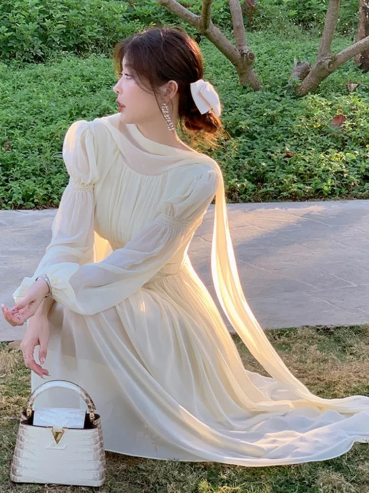jinran French Elegant Slim Ruffle Dress Summer Women Graduation Evening Party Robe Female Bubble Sleeve Korean Chiffon Vestidos