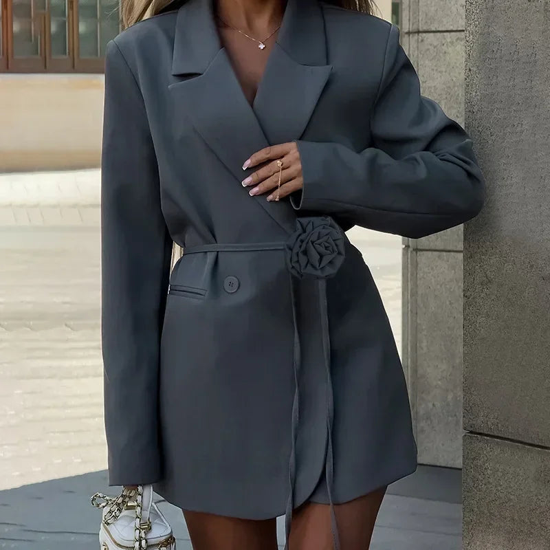 nvxiot - Bandage Flower Blazer Dress Female Fashion Lace Up Loose Casual Street Cardigan Blazers 2024 Autumn Vintage New Dress