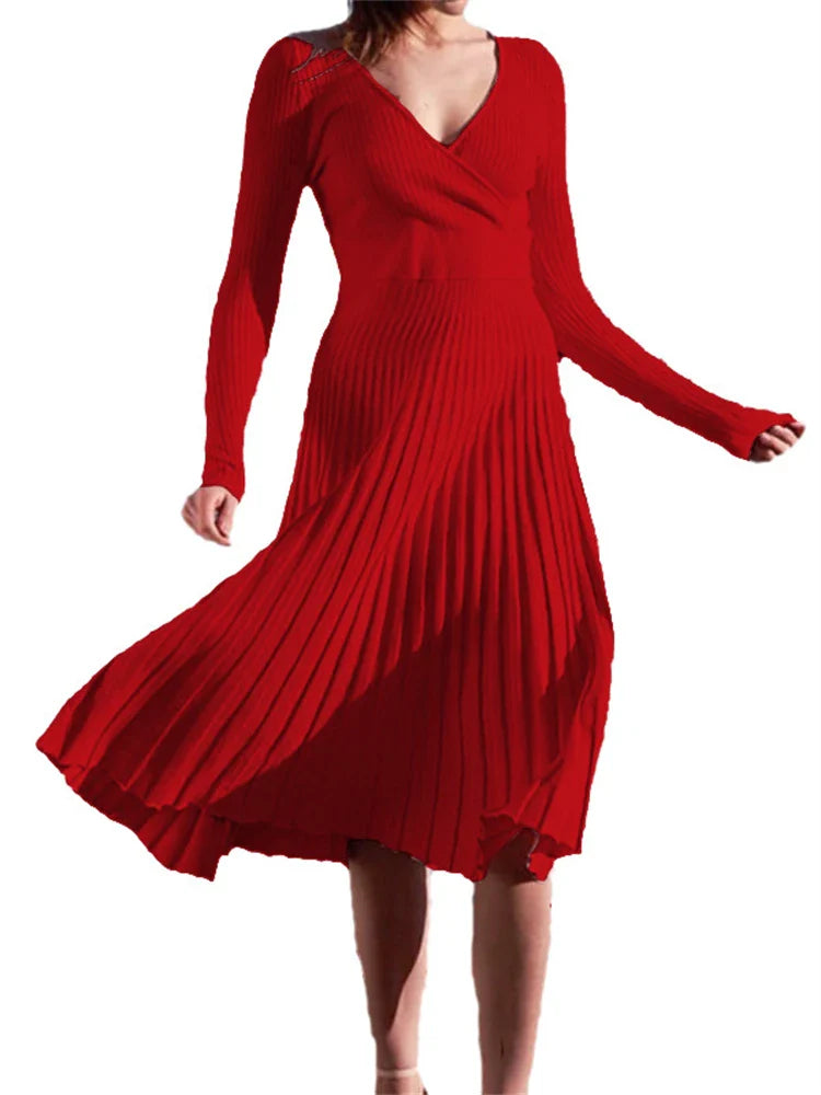 jinran Women Ribbed V-neck Fold Knitted Max Dress Ladies Skinny Sexy A-line Dresses Two Color Patchwork Elegant Chic Vestidos