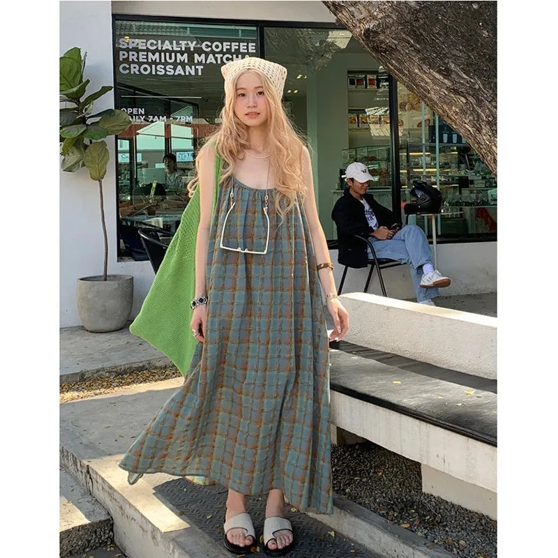 jinran 2024 New Arrival Summer Beach Style Women Loose Casual Plaid Print O-neck Sleeveless Mori Girl Camisole Ankle-length Dress V906