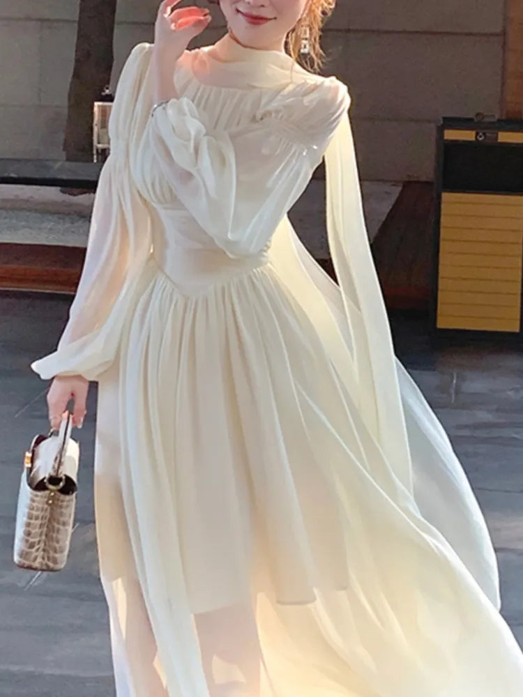 jinran French Elegant Slim Ruffle Dress Summer Women Graduation Evening Party Robe Female Bubble Sleeve Korean Chiffon Vestidos