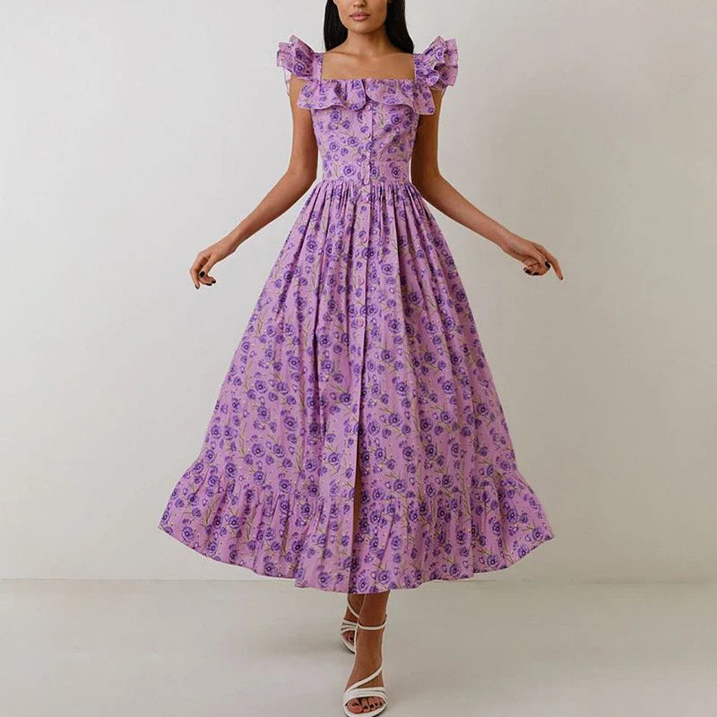 jinran Women Sexy Square Collar Hem Boho Long Dress Spring Print Button A-Line Party Dress Summer Puff Sleeve Ruffle Holiday Maxi Dress