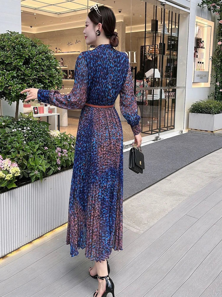 jinran Runway Leopard Print Long Pleated Dress Women 2024 Spring Elegant Designer Long Sleeve Vintage Bohemian Holiday Vestidos