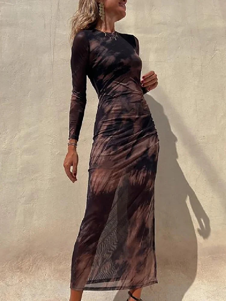 jinran Casual Streetwear Women Retro Print Dress O Neck Slim Long Sleeve Lady Office Dress Summer Holiday Party Club Ankle-Length Dress