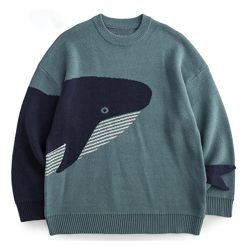 Men Harajuku Knitted Sweater Whale Cartoon Print Pullover Japanese College O-Neck Sweaters Oversized Couple Top Autumn Winter