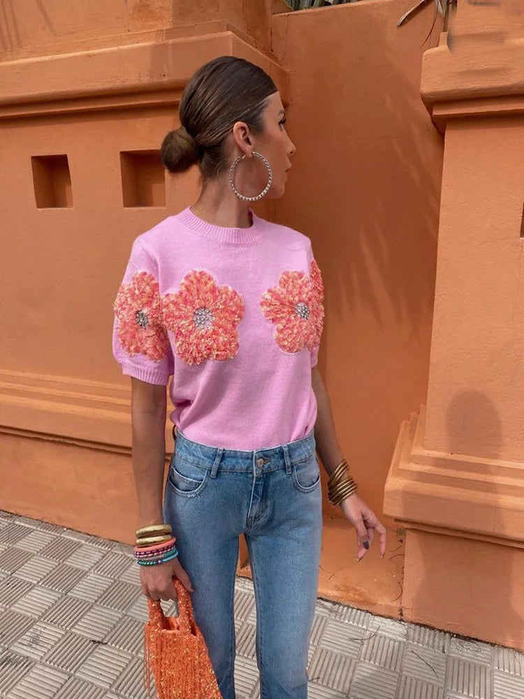jinran Women 3D Flower Knitted Sweater Tshirt Elegant O Neck Short Sleeved Pullover Tops 2024 Chic Female Commute Fashion T-Shirts