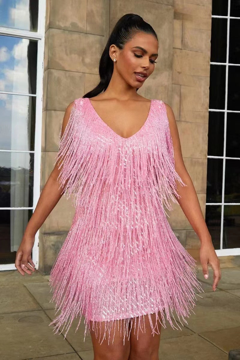 jinran Chic Sexy Sleeveless V-Neck Vintage Tassel Mini Dress Women Elegant Evening Party Bodycon Dresses Summer Ladies Night Club Dress