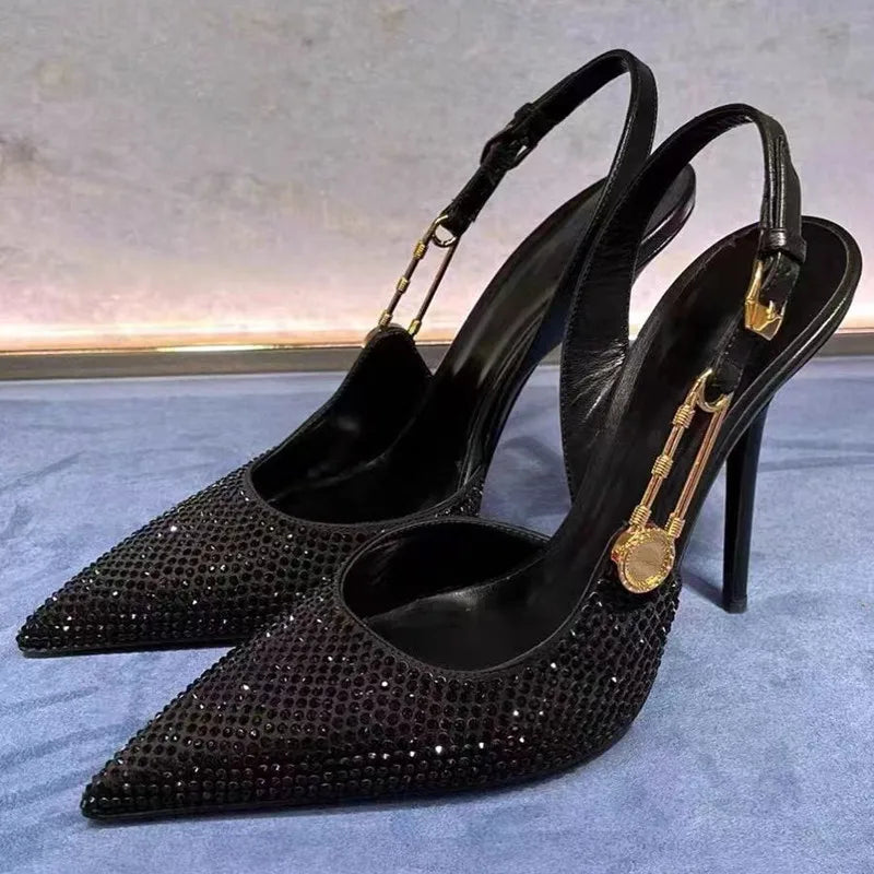 jinran Luxury Rhinestones Sequined Buckle Women Pumps Elegant Pointed toe Slingbacks Stiletto High heels Spring Summer Fashion Shoes