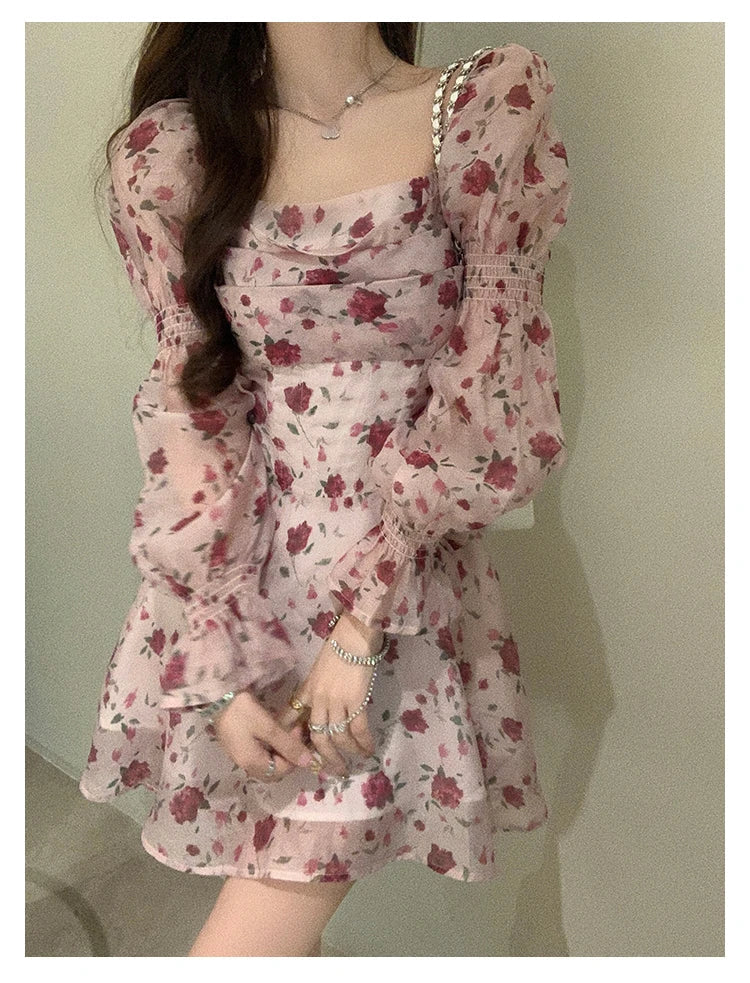 jinran Autumn Vintage Sweet Dress Women Chiffon Floral Bodycon Mini Dress Female korean Party Beach Long Sleeve Casual Dresses 2024