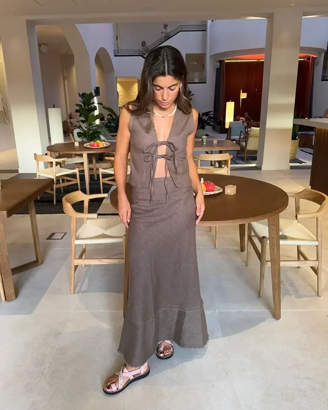 nvxiot - Elegant Bow Lace Up Sleeveless Vest Skirt Set Women Fashion V Neck Hollow Out Shirts High Waist Long Skirts Lady High Streetwear