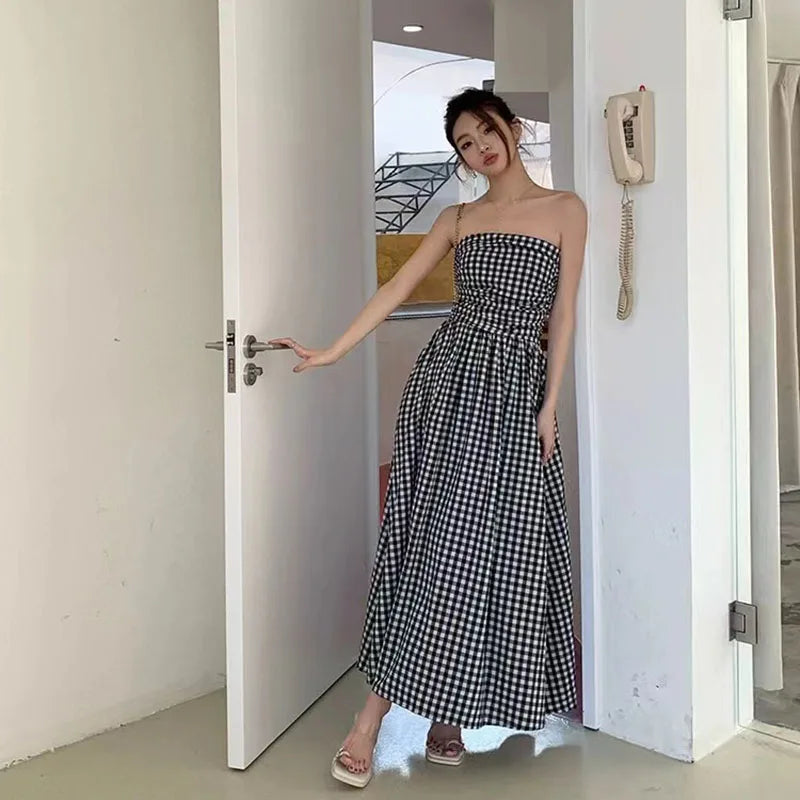 jinran Vintage Plaid Dress Women Summer Korean Elegant Tube Top All-Match Midi Dress Y2K Folds Off Shoulder Holiday Beach Vestidos