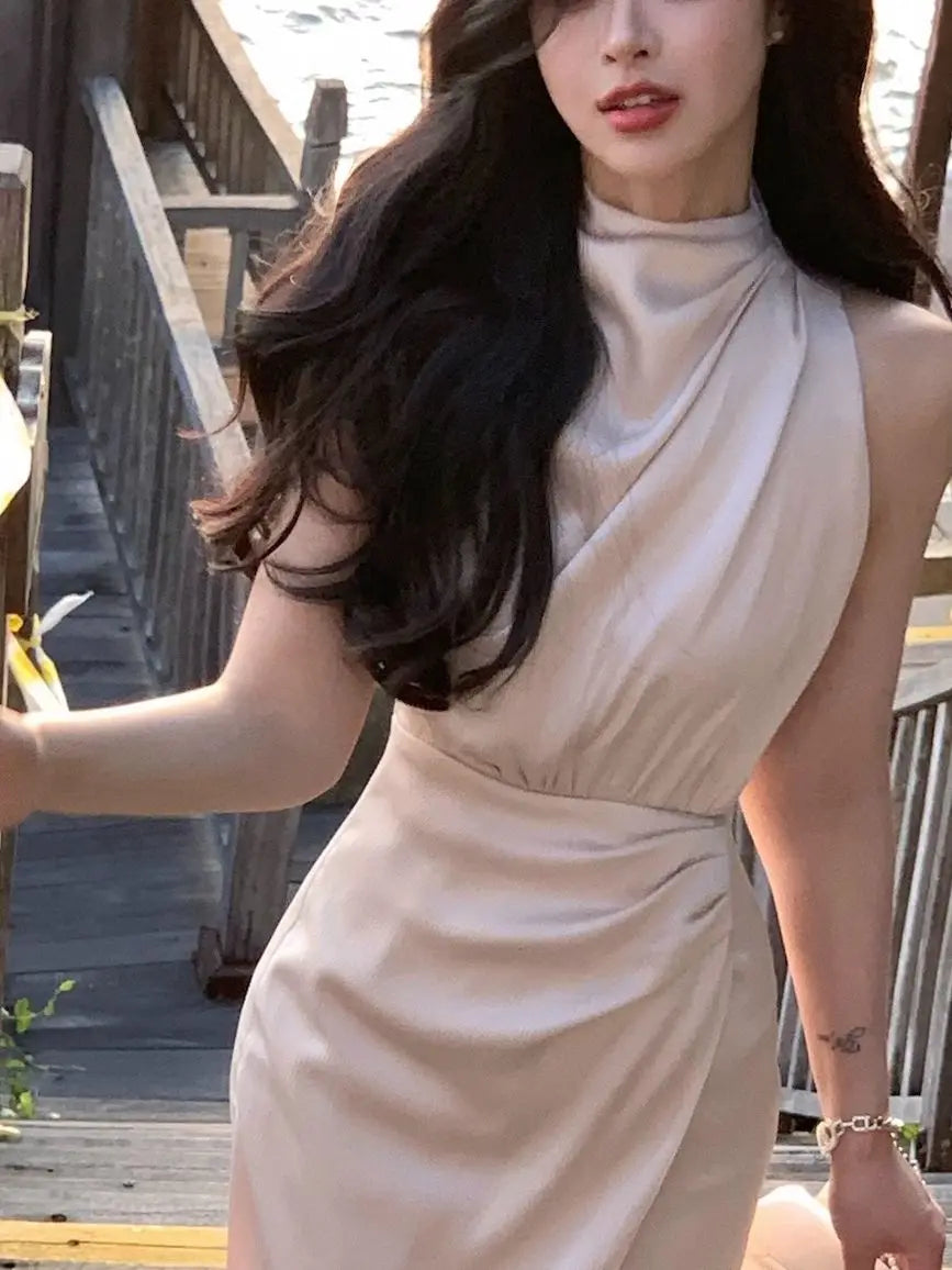 jinran Women Summer Halter Satin Midi Party Dress Sleeveless Bodycon Slim Casual Solid Birthday Vestidos Female One Pieces Fashion Robe